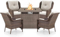 ACTREST Outdoor Patio Chairs with Fire Pit Table 5 Piece Set - High Back Brown Wicker Rattan Lawn Chair with Thick Cushion for Porch Apartment Deck Yard Poolside Garden - Beige