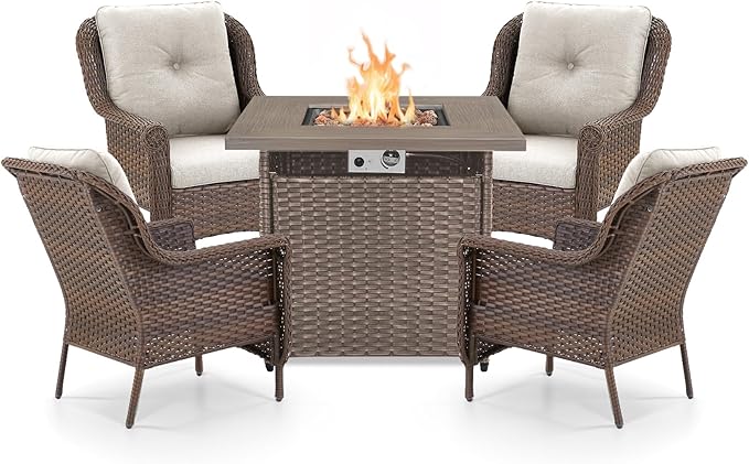 ACTREST Outdoor Patio Chairs with Fire Pit Table 5 Piece Set - High Back Brown Wicker Rattan Lawn Chair with Thick Cushion for Porch Apartment Deck Yard Poolside Garden - Beige