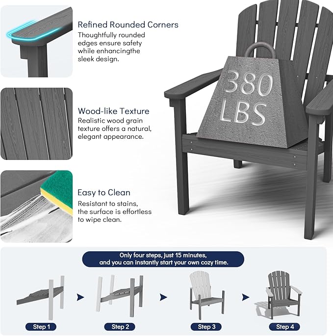 nevilywood Compact Stackable Adirondack Chairs Set of 4, 26.3" Wide HDPE Outdoor Patio Chairs - Durable, Space-Saving Design for Porch, Lawn or Garden, Grey