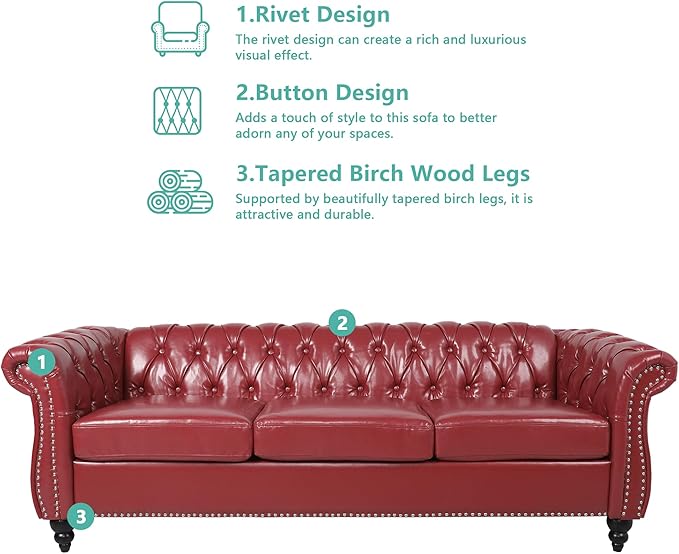 QHITTY Accent Large Sofa, Chesterfield Couch 3 Seater Modern Leather Couch Upholstered Sofa with Tufted Back for Living Room Furniture (Burgundy)