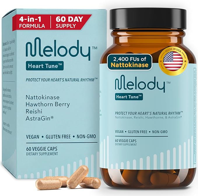Heart Tune 4-in-1 Blood Pressure Support Supplements – 2 Month Supply – 2,400 FU Nattokinase, 4,500mg Reishi Mushroom & Hawthorn – Dr. Formulated for Vascular Circulation & Flow – 60 Vegan Capsules