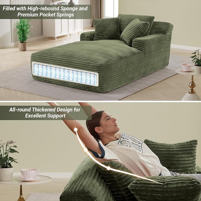 50"W x 76"D Oversized Chaise Lounge Chair Indoor Boneless Reading Chair Plush Corduroy Recliner Large Deep Seat Upholstered Sleeper Comfy Sofa Bed Couch with 3 Pillows for Living Room Bedroom, Green