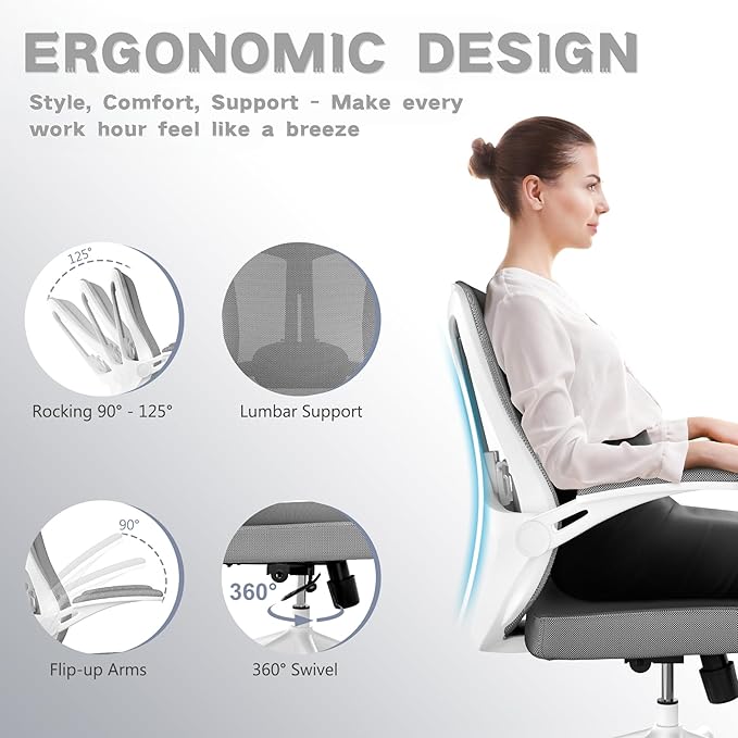 Ergonomic Office Chair - 400LB Comfy Desk Chairs with Lumbar Back Support, Mesh Computer Chairs with Wheels and Arms for Home Office, Study (Gray-Without Headrest)