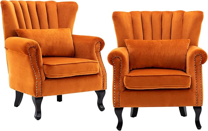 chairus Mid-Century Modern Accent Chairs Set of 2 Comfy Sofa Chairs Channel Back Armchairs with Small Pillow for Living Roon Bedroom Club - Velvet, Orange
