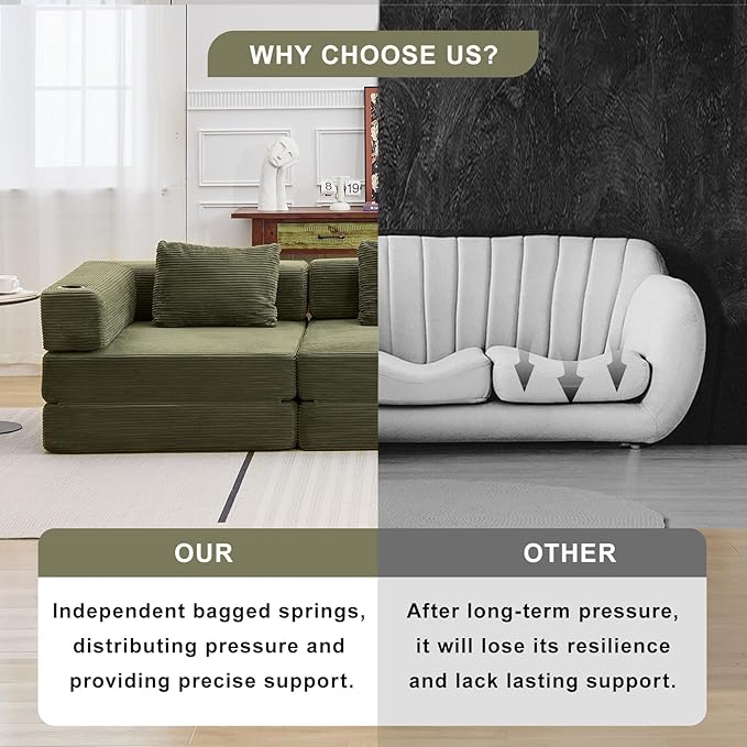78" Loveseat Sleeper Sofa, 4 in 1 Convertible Floor Sofa Bed, Boneless Cloud Couch with Cup Holder, Fold Out Floor Couch for Living Room Bedroom Lounge, Corduroy, Olive