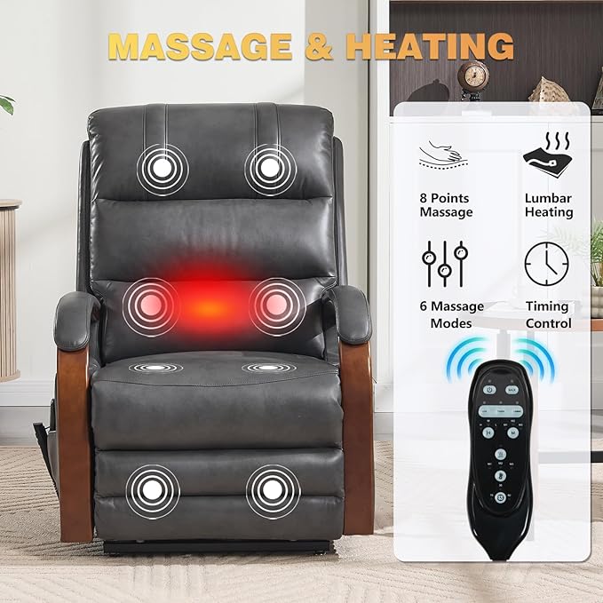 Dual Motor Power Lift Recliner Chair, Lay Flat Recliner, Lift Chair with Massage and Heat, Standing Assistance, Infinite Position Reclining, Living Room Chair (Faux Leather Grey)