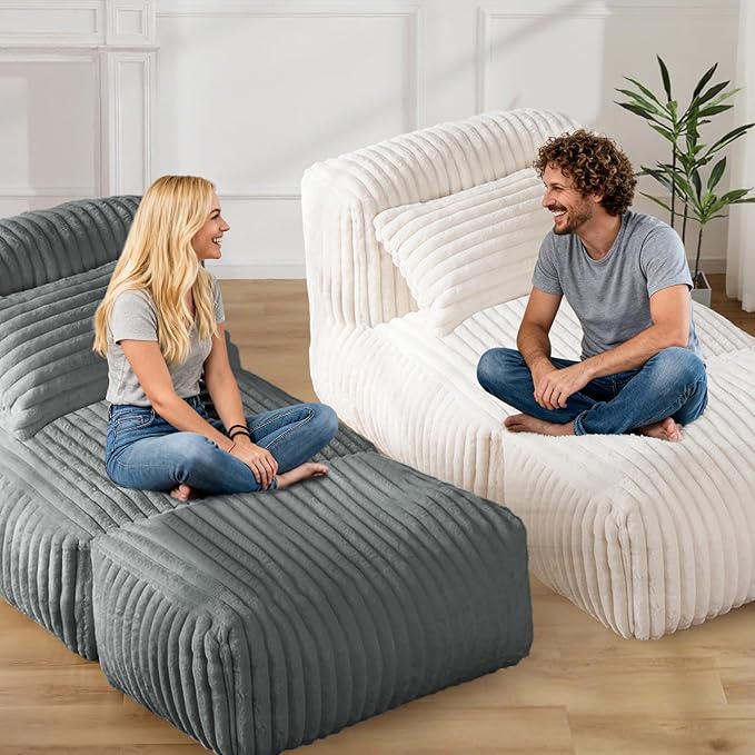 Giant Bean Bag Lounger Sofa with Pillow, Large Beanbag Chair for Adults, Oversized Comfy Beanbag Lazy Floor Sofa, Bean Bag Couch with Memory Foam Filled for Living Room, Bedroom, White