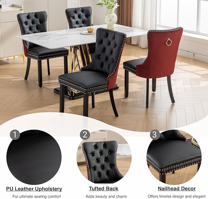 YeahFurn Modern Dining Chairs Set of 4, Tufted Upholstered Dining Room Chairs with Nailhead, PU Leather Front & Velvet Back, Solid Wood Legs, Kitchen Chairs, Sillas de Comedor (Black & Burgundy)