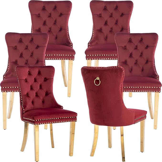 YeahFurn Mid Century Modern Dining Chairs Set of 6, Red Velvet Upholstered Tufted Back, Kitchen & Dining Room Chairs, Gold Metal Legs, Nailhead Trim, Sillas para Comedor (Red, 6 Pcs)