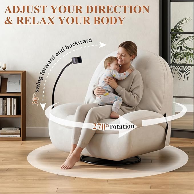 Power Recliner Chair - Reclining Sofa with USB Charging 270° Rocking 330 lbs Capacity Snow Velvet Fabric Rocker Recliner for Adults & Elderly Glider Rocking Chair for Living Room and Bedroom