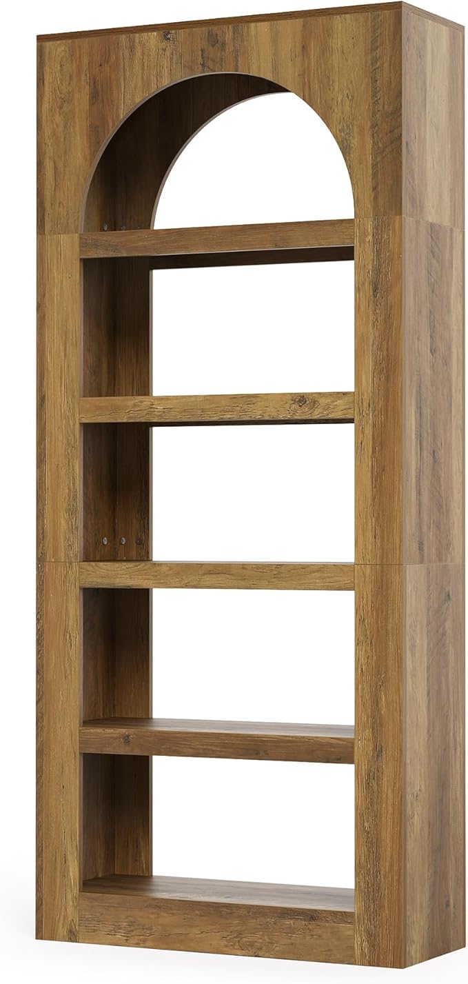 LITTLE TREE 5-Tier Arched Bookshelf, 70.8 Inches Modern Wooden Bookcase, Open Display Storage Shelf Organizer for Living Room, Home Office, Bedroom, Light Brown