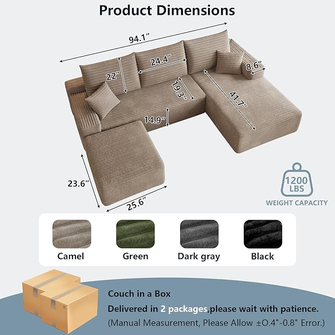95" Cloud Sectional Couch with Ottoman,Modern U-Shaped Cloud Couch with Deep Seat,Comfy Corduroy 3-Seater Sofa,Memory Foam Sofa for Living Room,No Assembly (Camel,Right-Facing Chaise)