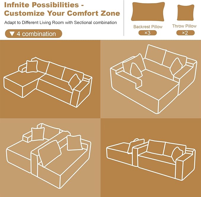AUGOP 108" Sectional Couches for Living Room Modern Modular Sofa with L-Shape Couchs Upholstered Boneless Couch Deep Seat Sectional Couch with Chaise (Camel, Left Facing Chaise+2Seaters)