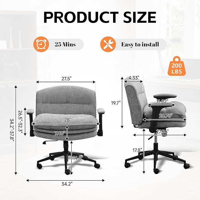 Criss Cross Chair with Flip-up Arms, Wide Criss Legged Chair with 3 Layer Cushion, Ergonomic Office Desk Chair with Wheels, Swivel Vanity Chair for Office, Living Room, Bedroom, Chenille Grey