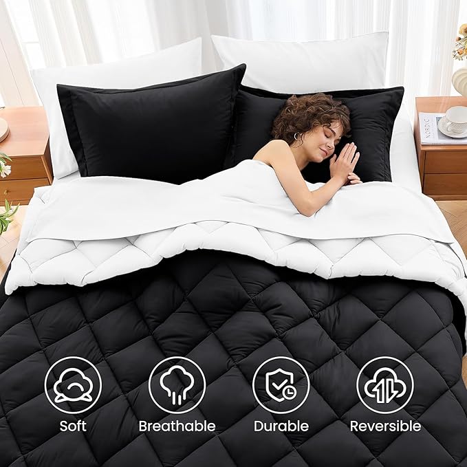 MUXHOMO 7 Pieces California King Comforter Set, Reversible Bed in a Bag Cal King Size, All Season Bedding Set with Comforter, Flat Sheet, Fitted Sheet, Pillowcases & Shams, Black & White