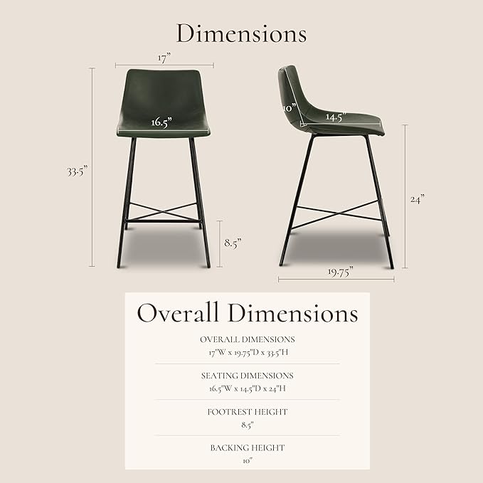 Poly & BARK Paxton Leather Counter Stools 24 Inches – Set of 3 - Counter Height Bar Stools – Barstools for Kitchen Island or Counters – Faux Leather & Matte Black Steel Base – Distressed Green Velvet