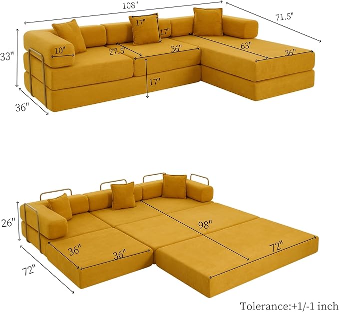 HANXIN 108" Modular Sectional Sofa,Futon Convertible Sofa Bed,Oversized Corduroy Boneless Couch for Living Room,Floor Loveseat Sleeper with Pull Out Bed,Free Combination,No Assembly Required (Yellow)