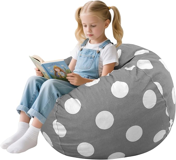 COMAX Bean Bag Chair for Kids, Kid Beanbag Chair Cute, Cotton Canvas Lazy Chair with Shredded Foam Filling, Stuffed Floor Sofa Couch for Boys and Girls, Grey Dots