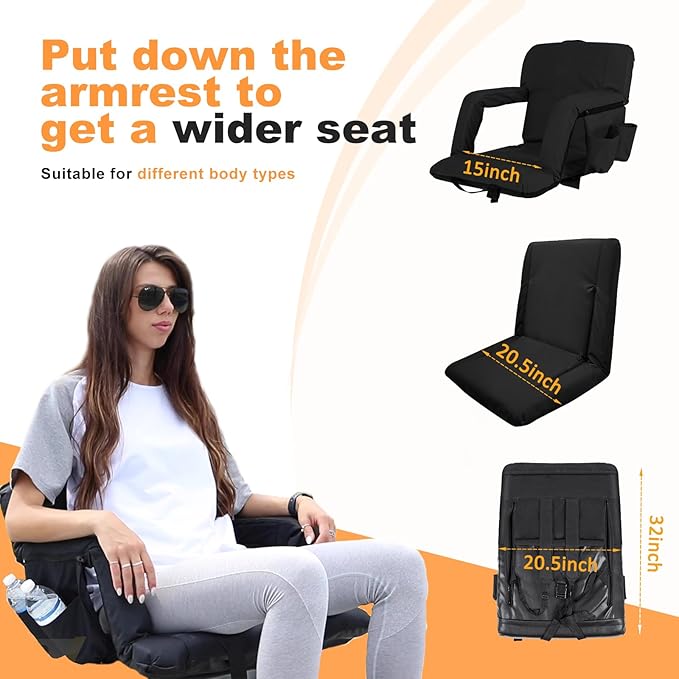nalone Folding Stadium Seat Set of 2, 20.5 inch Wide Stadium Chairs for Bleachers Stadium Seat Bleacher Chairs Portable with Back Supports Thick Padded Cushion Armrests Reclining(Black)