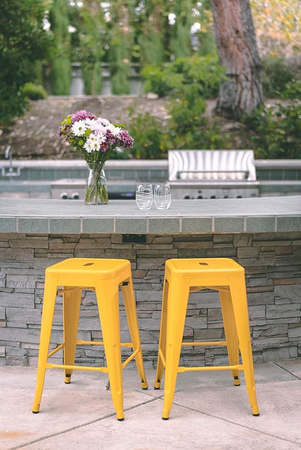Vogue Furniture Direct 24" High Bar Stools Backless Yellow Metal Barstools Indoor-Outdoor Counter Height Stools with Square Seat, Set of 4 - VF1571019-4