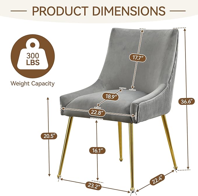 WUTUTUEE Velvet Dining Chairs Set of 2 Gold Legs,Upholstered Velvet Accent Chairs, Pleated Back Design & Gold Pull Handle, Mid Century Modern Chairs for Dining/Kitchen/Living Room,Light Grey