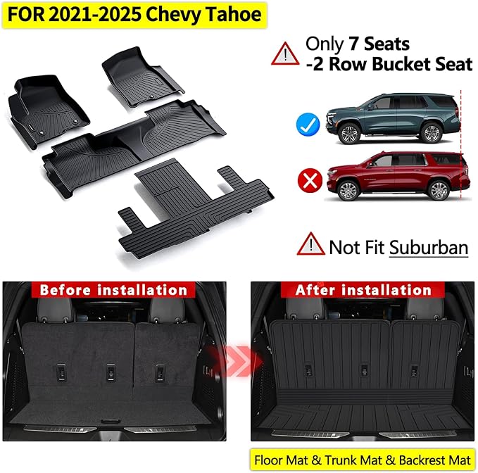 Floor Mats for 2021-2024 2025 Chevrolet Chevy Tahoe/GMC Yukon 7 Seats 2 Row Bucket Seats (Not for XL) & Trunk Mat & Backrest Mat,TPE All Weather Protection Car Full Set Liner Accessories