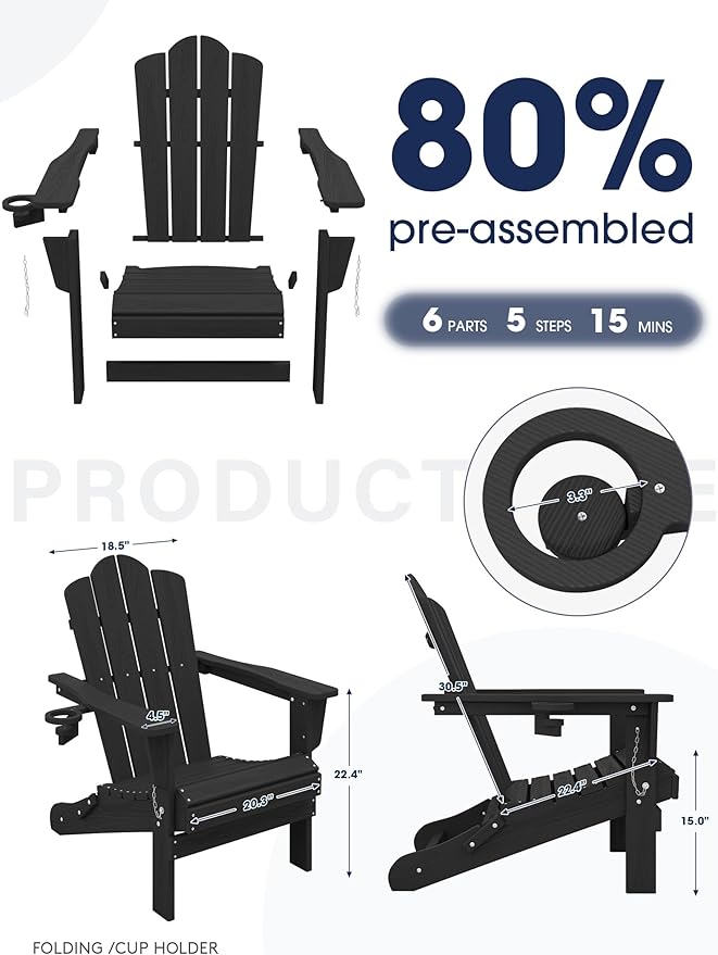 KINGYES Folding Adirondack Chair Set of 2, HDPE All-Weather Patio Chairs with Cup Holder, Wooden Textured Fire Pit Chairs for Poolside, Backyard, Deck, Black