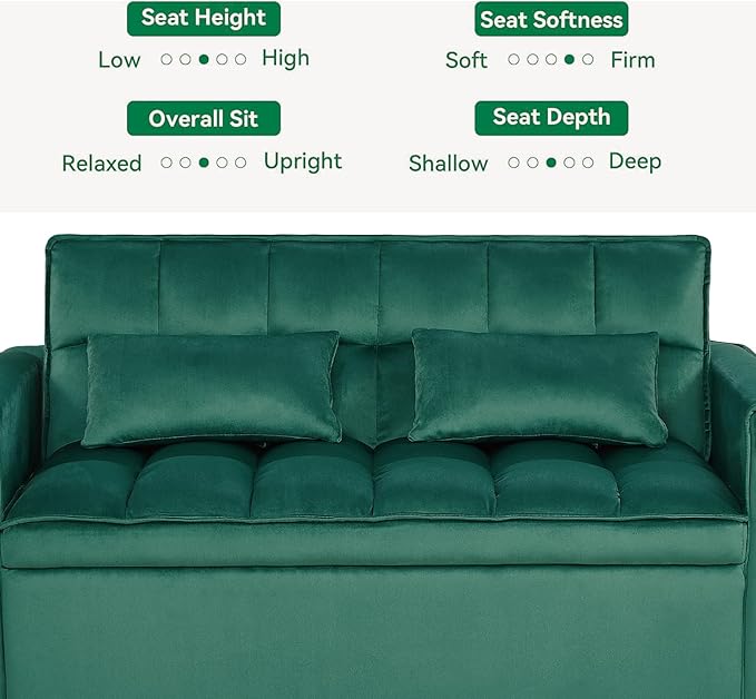 3 in 1 Convertible Sleeper Sofa Bed, Futon Couches for Living Room with Side Pocket | Adjustable Backrest| Velvet Fabric | Pull Out Couch | Love seat Sofa|2-seat Sofa Bed (Green)