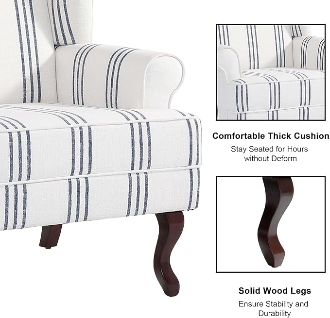 DREAMSIDEA Accent Chair Set of 2, High Back Upholstered Armchair with High Resilience Sponge & Wood Legs, Mid-Century Modern Comfy Single Sofa Reading Chairs for Living Room, Bedroom-Stripe Navy