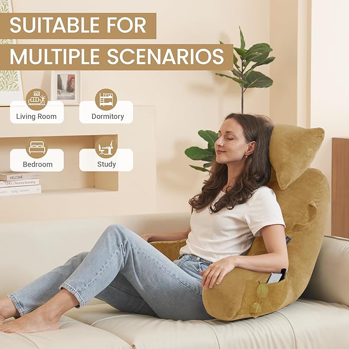 Unisakey Portable Reading Pillows with Headrest for Bed Sitting Up(Camel Oeko-Tex), Velvet Back Pillow with Arms & Pockets for Adults, Support Memory Foam Bed Pillow for Dorm/Reading/Watching/Gaming