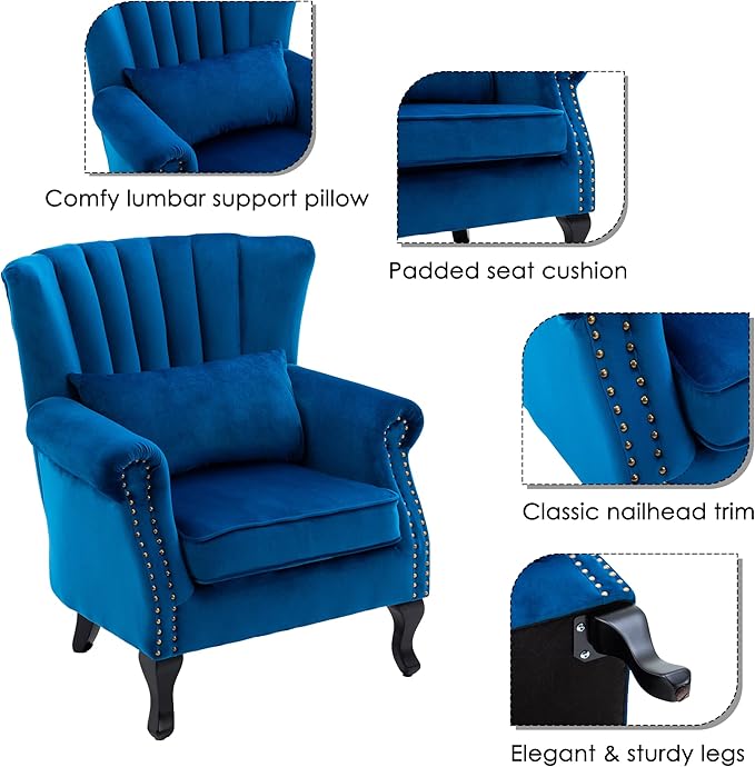 chairus Mid-Century Modern Accent Chair Comfy Single Sofa Chair Channel Back Armchair with Small Pillow for Living Roon Bedroom Club - Velvet, Blue
