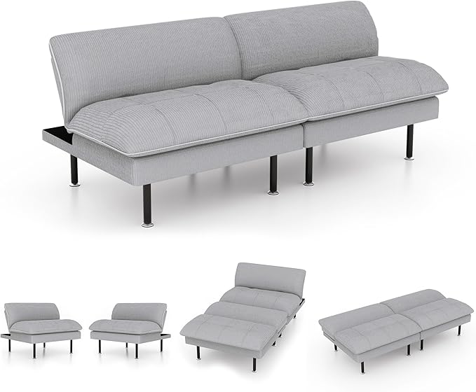 2 Sets 70" Futon Sofa Bed, 4 in 1 Multi-Function Couch Sleeper with Adjustable Backrest, Modern Convertible Futon, Recliner Small Loveseat for Living Room, Light Grey