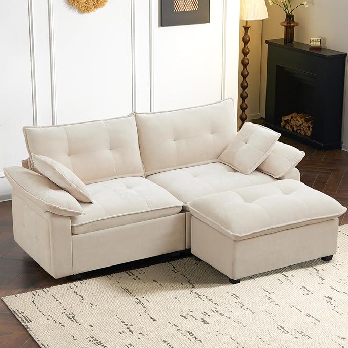 PALLOME 82" Deep Seat Comfy Cloud Couch, Modular Sectional Sofa with Movable Ottoman, L Shaped Chenille Sofa for Small Space, Modern Apartment Living Room & Office (Beige, 2-Seat + Ottoman)