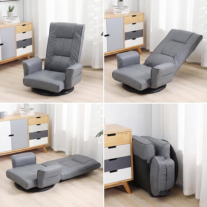 FLOGUOR 360° Swivel Gaming Floor Chair with Armrests – 14-Position Adjustable Folding Floor Sofa Lounger, Padded Backrest, Multi-Angle Recline for Home, Living Room & Office (Grey)