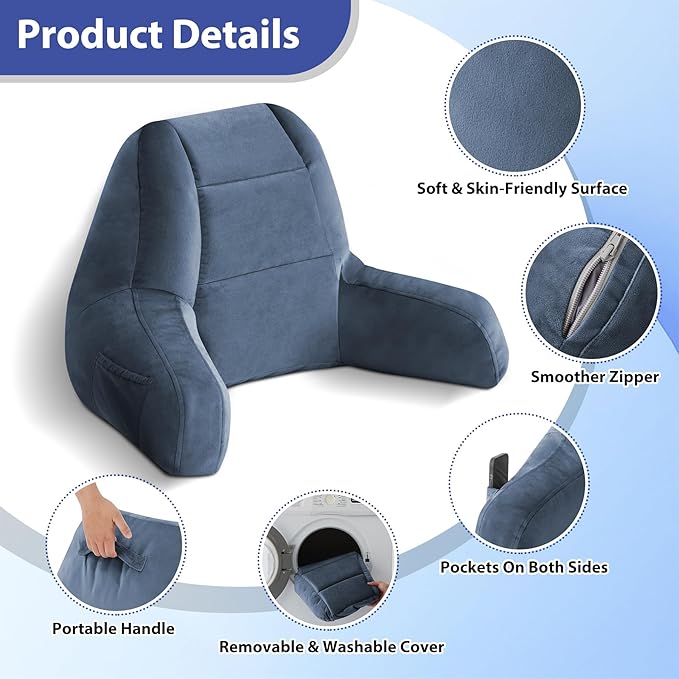 IASEAHK Reading Pillows for Sitting in Bed Adult, Back Pillow for Bed Sitting Up, Backrest Pillows with Shredded Foam for Adult&Teens, Support Pillow with Arms for Beds, Couch, Floor, 24in, Navy Blue