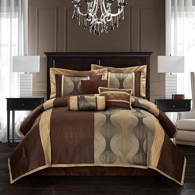Grand Avenue Elegant Jacquard Brown Comforter Set, Size Queen, 7 Piece Bed in a Bag, Striped Bedding Set All Season, Matching Decorative Pillows, Pillow Shams & Bed Skirt