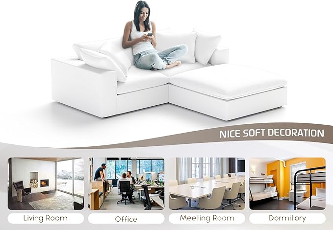 Forest aesthetics Modular Sectional Cloud Sofa Couch,L Shape 2 Seaters with Chaise Modern Down Filled Sofas Detachable Couch Cushion Covers Couches for Living Room Office Apartment,White