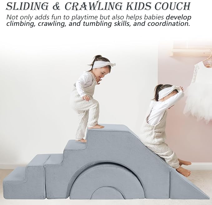 MeMoreCool Modular Kids Sofa – Convertible Foam Couch with Slide & Stair, Playroom & Bedroom Sectional Child Furniture | Soft Washable Cover | Ages 3+ | Grey