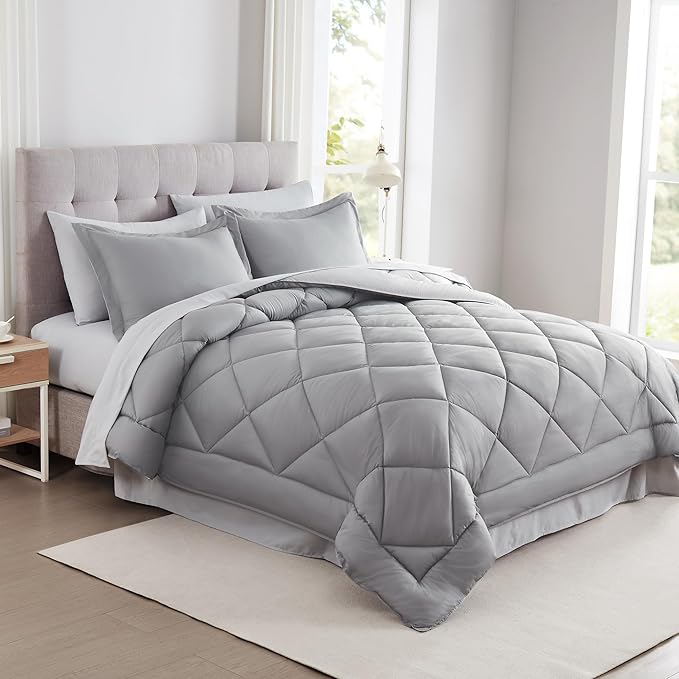 Modern Threads 7-Piece Reversible Comforter Set - Bedding Ensemble with Comforter, Sheets, Pillowcases, and Shams, Gray Queen
