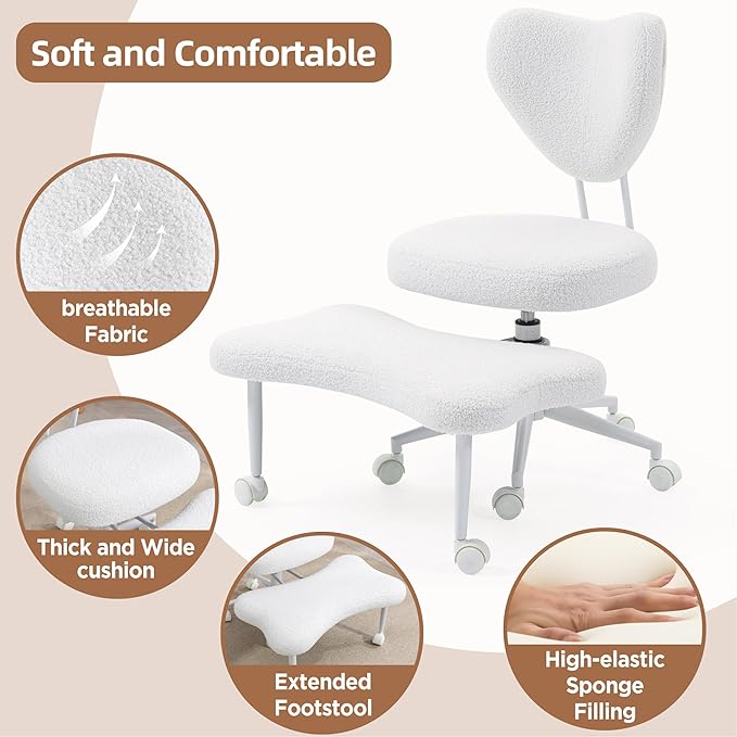 FLEXISPOT Cross Legged Office Chair Armless Kneeling Desk Chairs for Meditation ADHD Yoga Wide Criss Cross Chair with Wheels Vanity Chair for Girls Women Living Room Bedroom Study Small Space, White