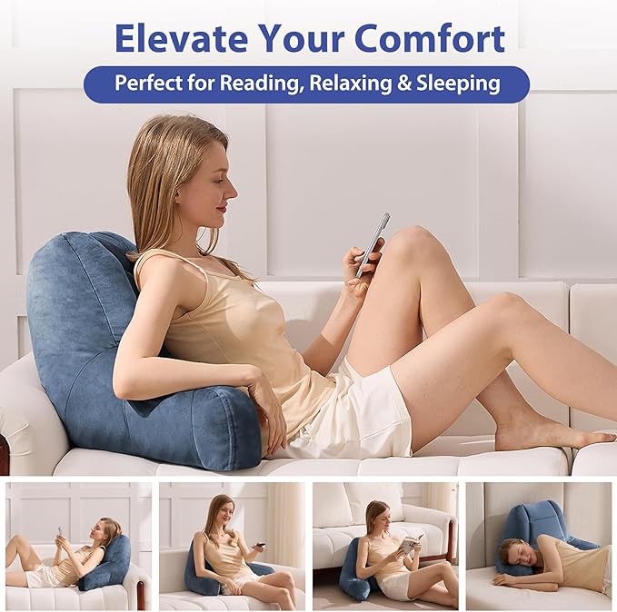 IASEAHK Reading Pillows for Sitting in Bed Adult, Back Pillow for Bed Sitting Up, Backrest Pillows with Shredded Foam for Adult&Teens, Support Pillow with Arms for Beds, Couch, Floor, 20in, Navy Blue