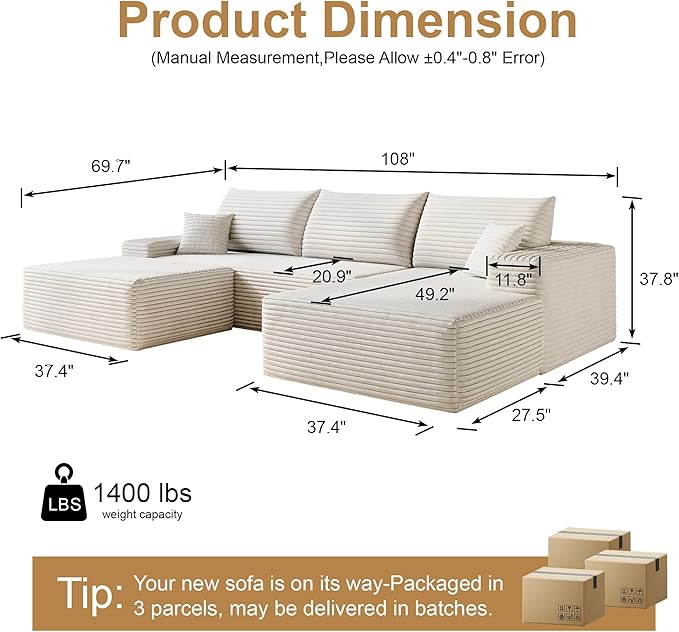AUGOP 108" Sectional Couches for Living Room Modern Modular Sofa with L-Shape Couchs Upholstered Boneless Couch Deep Seat Sectional Couch with Chaise (White, Right Facing Chaise+2Seaters+1Ottoman)