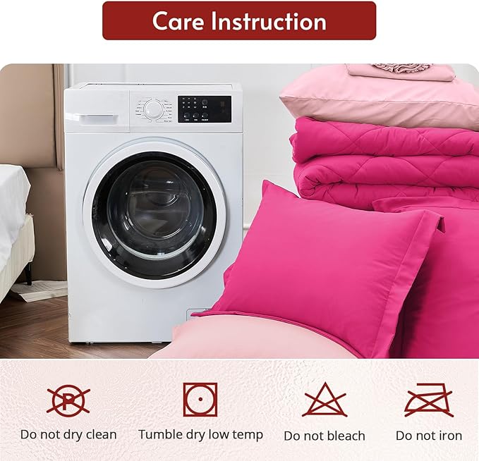 MUXHOMO 7 Pieces Queen Comforter Set, Reversible Bed in a Bag Queen Size, All Season Bedding Set with Comforter, Flat Sheet, Fitted Sheet, Pillowcases & Shams, Hot Pink & Baby Pink
