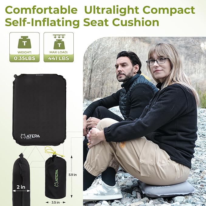 ATEPA Inflatable Seat Cushion, Self-Inflating Portable Stadium Airplane Travel Foam Cushion Pad for Camping, Sports Events, Outdoor