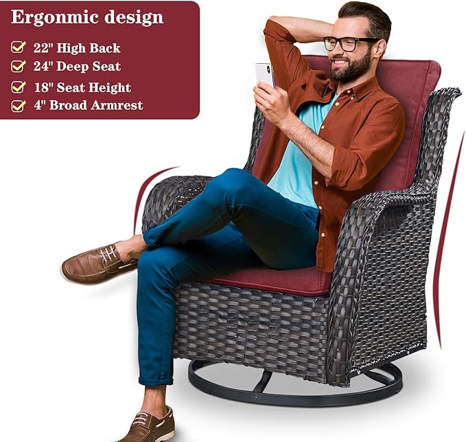 Belord 5 Pieces Patio Wicker Furniture Set - 4 Outdoor Swivel Rocker Glider Chairs with 50000BTU Propane Fire Pit Table, Warm Patio Conversation Set Red Cushion Perfect for Casual Gathering