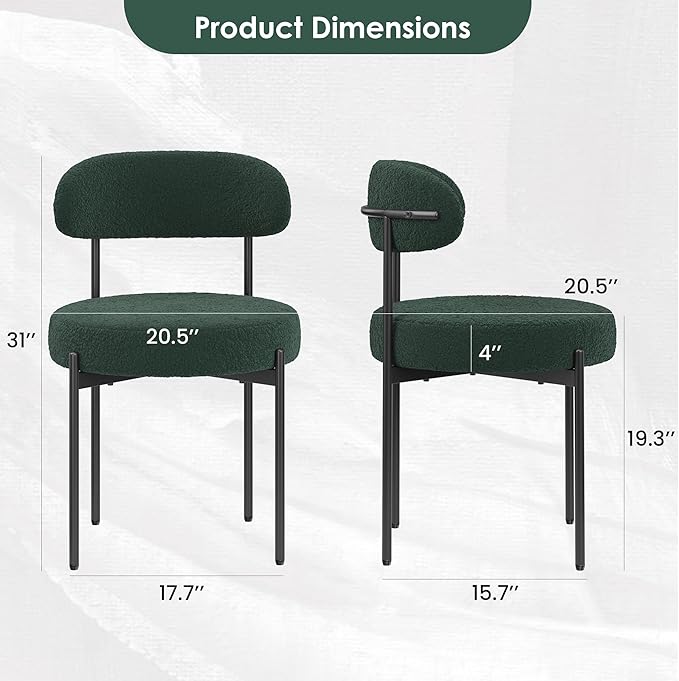 Farini Dining Chairs Set of 4,Mid-Century Modern Kitchen Chair Curved Backrest Round Upholstered Sherpa Dining Chairs with Metal Legs,Green
