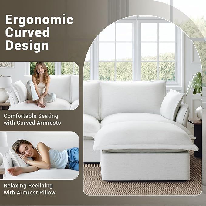 Lopzeho Oversized Cloud Modular Sectional Sofa, Comfy Down Filled Cloud Couch with Removable Cover, L Shaped 4 Seat Couch with Ottoman, Deep Seat Sectional Couches for Living Room, Cream White