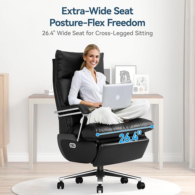 M80 Dual Motor Electric Executive Office Chair with Footrest, Comfortable Reclining Office Chair Wide Seat, Big and Tall Ergonomic Leather Home Office Desk Chair (Black,No Massage)