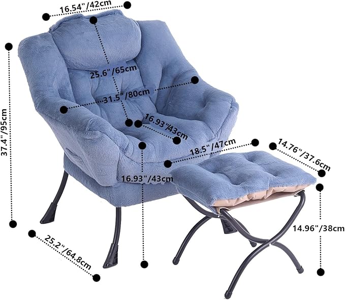 Tiita Lazy Chair with Ottoman, Blue Chairs Modern Large Accent Lounge Armchair, Comfy Leisure Sofa Reading Chair with Footrest for Bedroom, Living Room, Dorm Rooms, Garden, Plush Light Blue