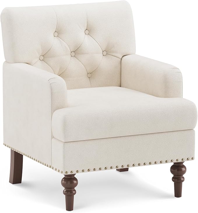 Upholstered Accent Chair with Thick Cushion, High Back Reading Chair, Linen Blend Armchair with Solid Rubberwood Legs for Living Room, Bedroom, Reading Nook, Apartment & Small Spaces,Beige